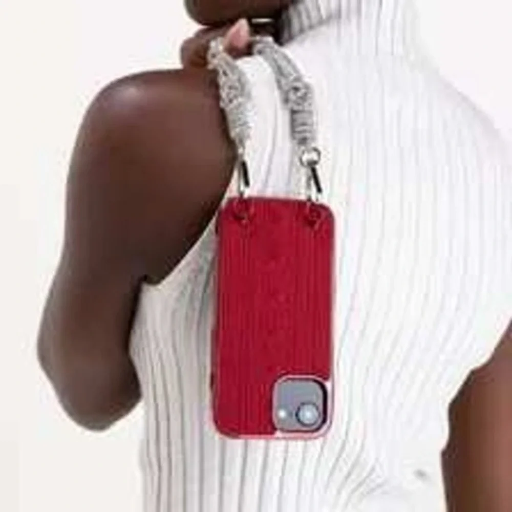 Red Cable Knit iPhone 14 Pro Max Case with Strap Loops‎ Metallic Trim Cozy Style
